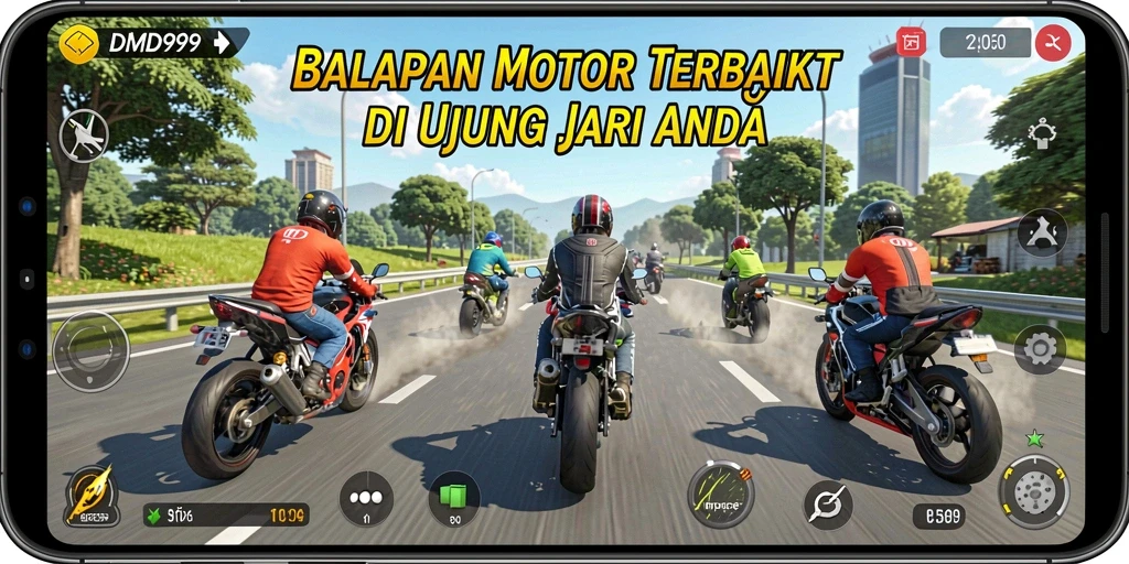 Screenshot gameplay DMD999 yang menampilkan aksi balapan motor.