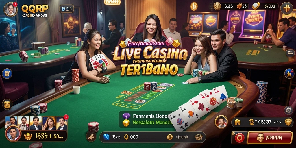 Tangkapan layar gameplay QQRP yang menampilkan dealer langsung dan suasana kasino.